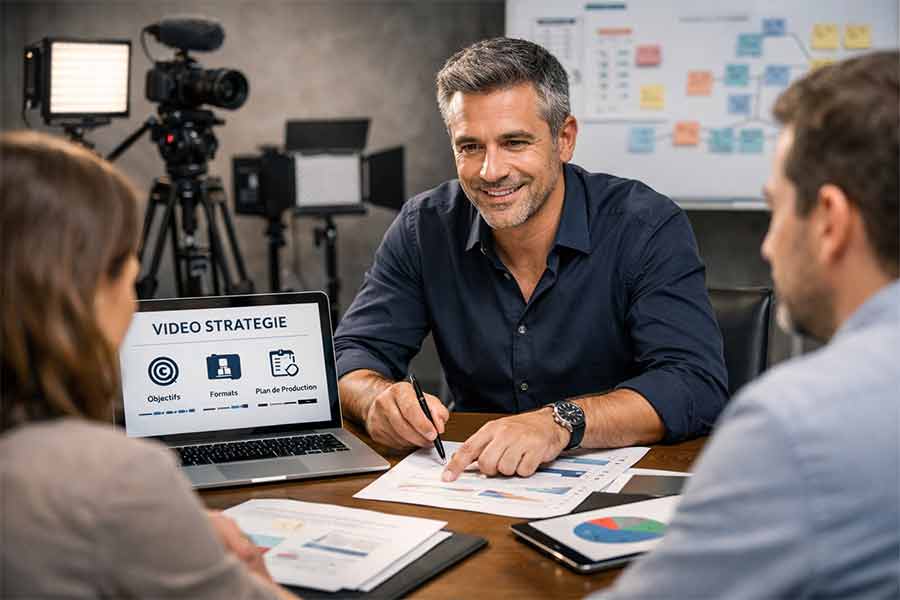 Tournage corporate : équipe et caméra sur site